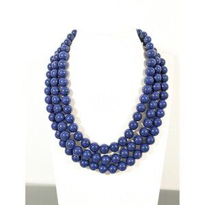 Blue Round Bead Triple Strand Necklace Statement Classic Retro 20